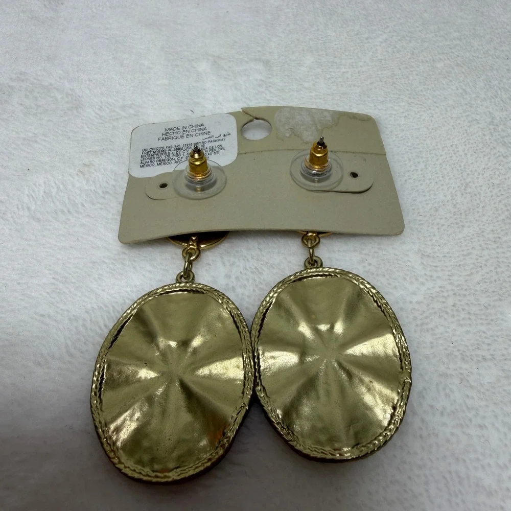 Chico's Matte Gold Tone Oval Sunburst Drop Dangle Statement Earrings Mature NWT‎